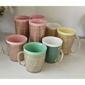 Vintage Burlap Raffiaware Yellow Green Pink Glasses & Cups